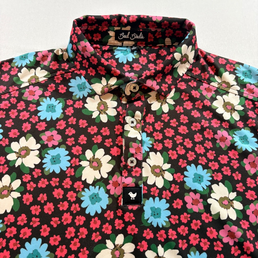 Bad Birdie Golf Polo Mens Medium Black Floral Performance Stretch Short Sleeve
